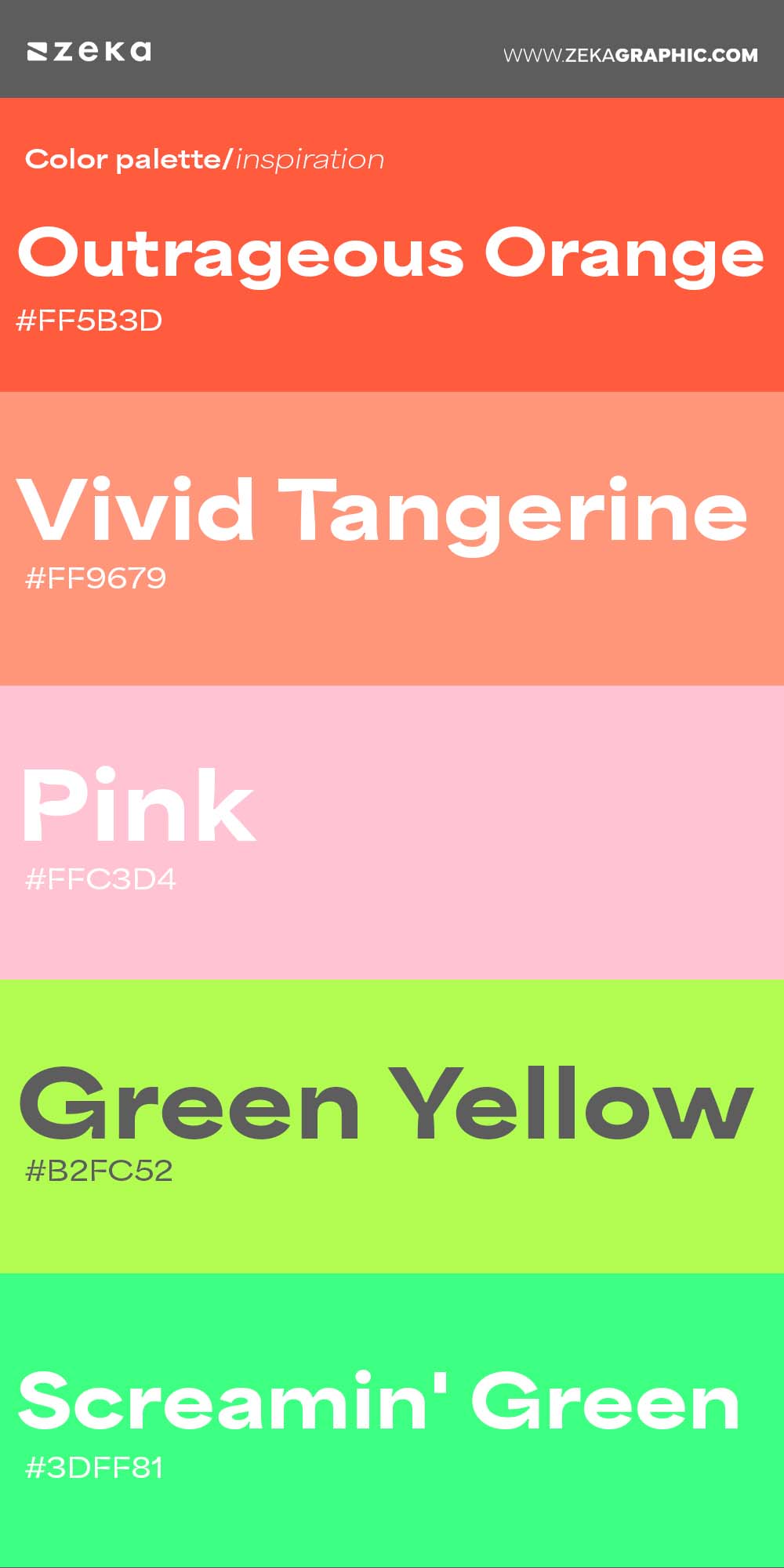 Color Palette Inspiration 24 #FF5B3D #FF9679 #FFC3D4 #B2FC52 #3DFF81