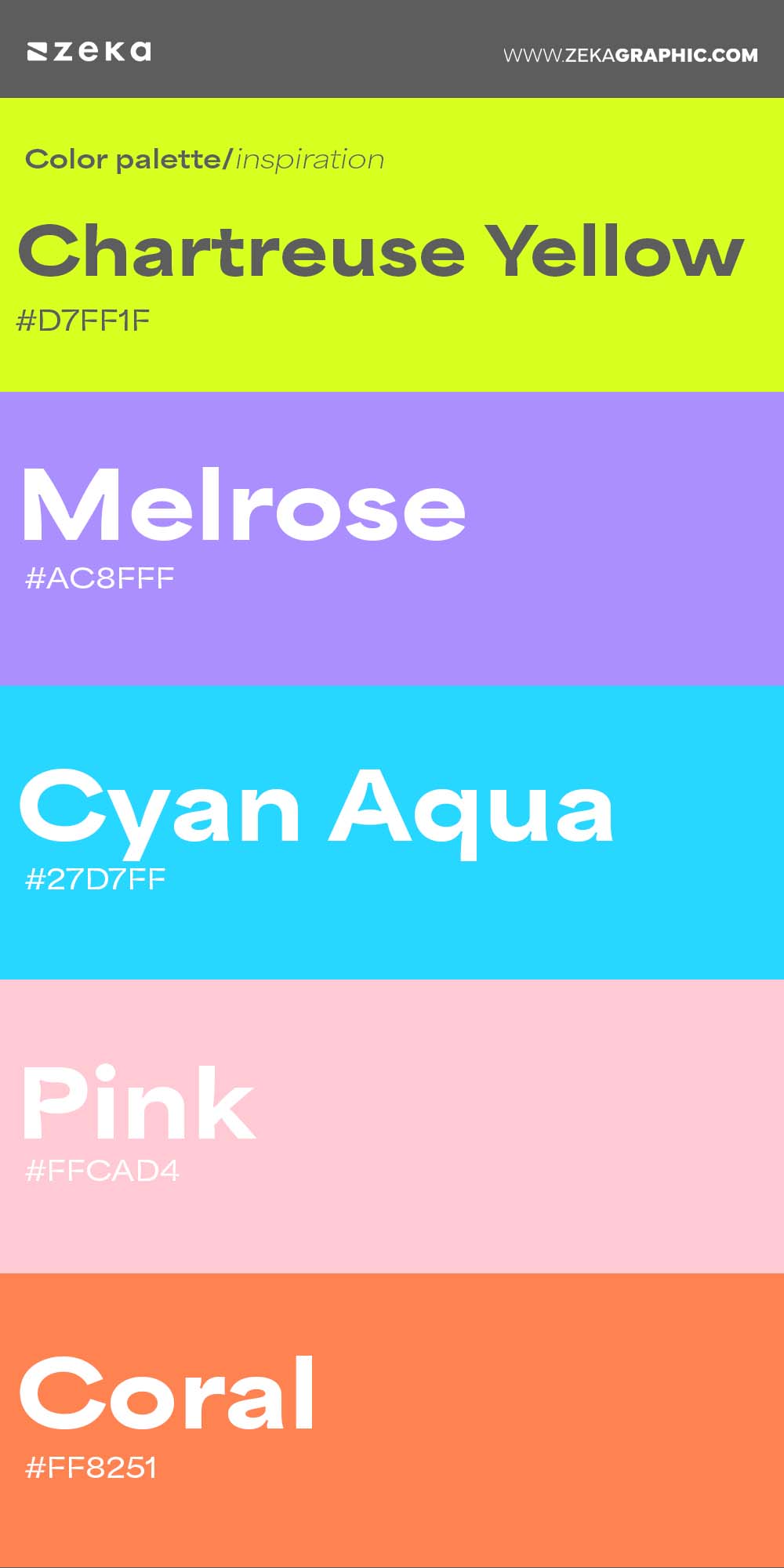 Color Palette Inspiration 27 #D7FF1F #AC8FFF #27D7FF #FFCAD4 #FF8251