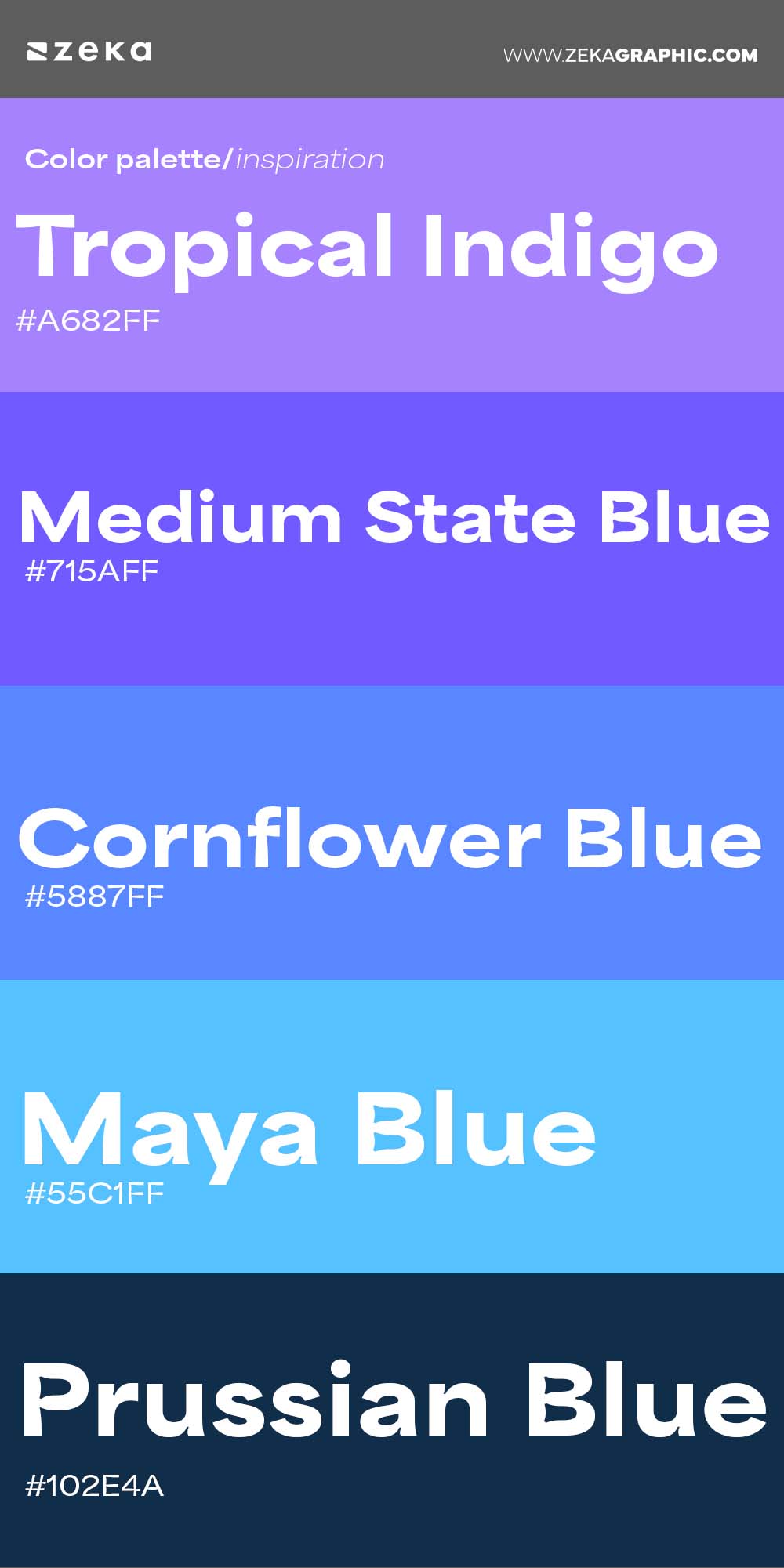 Color Palette Inspiration 3 #A682FF #715AFF #5887FF #55C1FF #102E4A