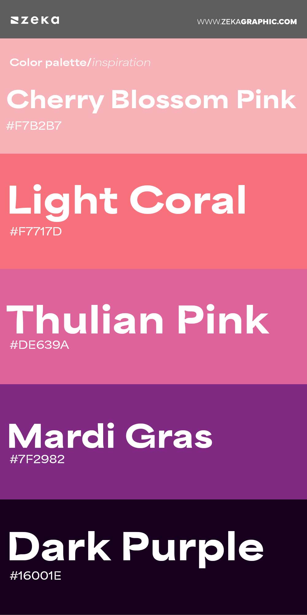 Color Palette Inspiration 6 #F7B2B7 #F7717D #DE639A #7F2982 #16001E