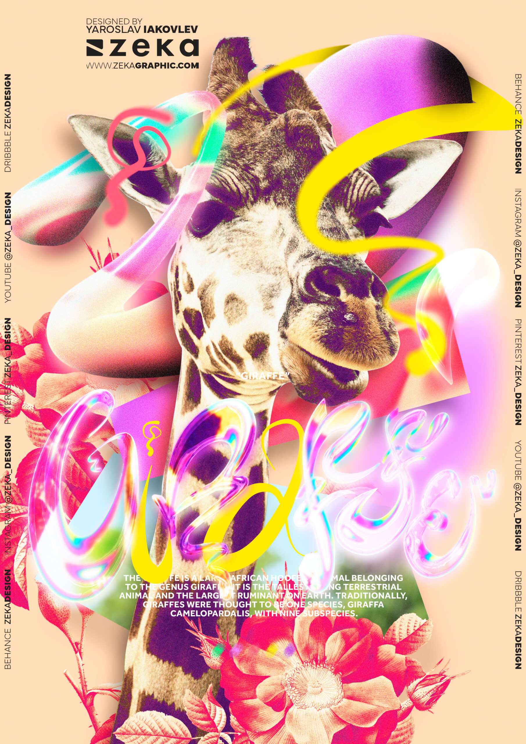 Giraffe Poster Design 3D Glass Typography by Zeka Design